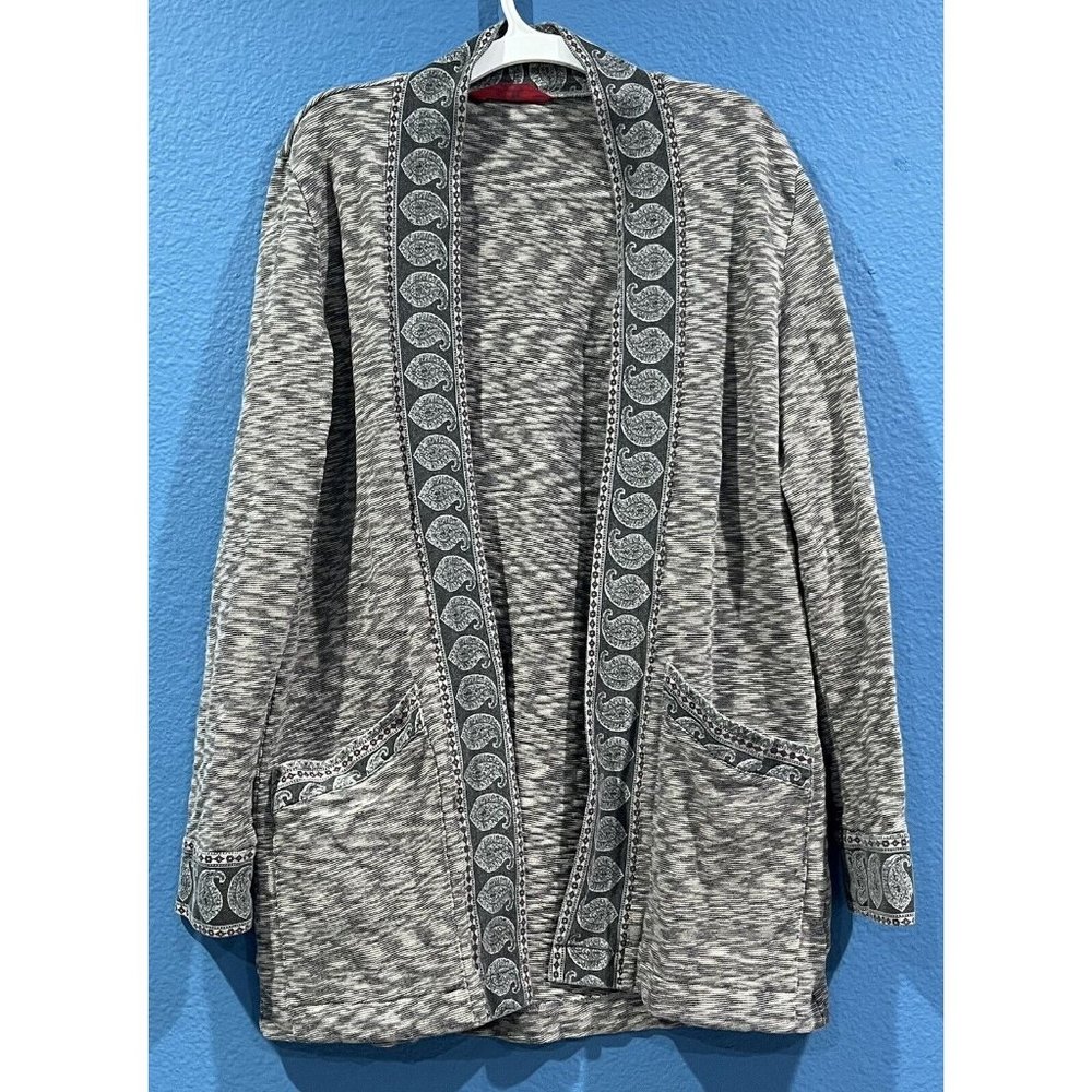 Tigerlily Australia Brand Open Knit Gray Cardigan Paisley Accents Medium Pockets